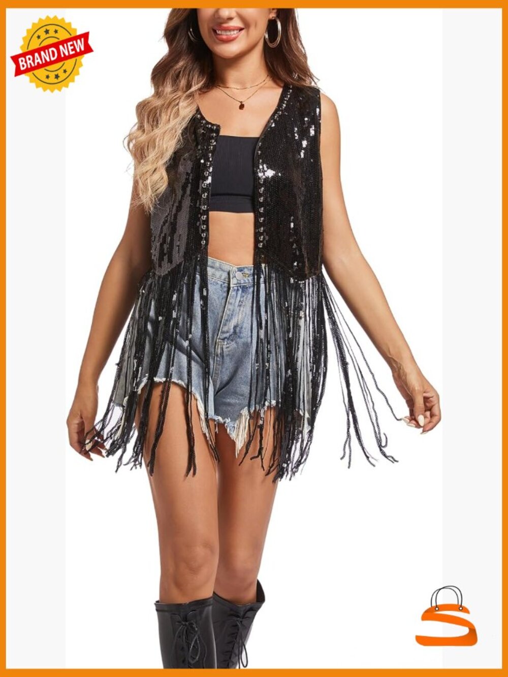 Sequin Fringe Vest Sleeveless Open Front Tassel Jacket Sparkly Glitter Party